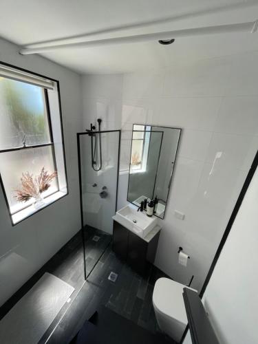 W łazience znajduje się toaleta, umywalka i lustro. w obiekcie The Italian New Yorker w mieście Sydney