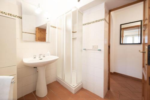 y baño blanco con lavabo y ducha. en Casetta di Butia, Mimosa Apartment, en Borgo a Mozzano