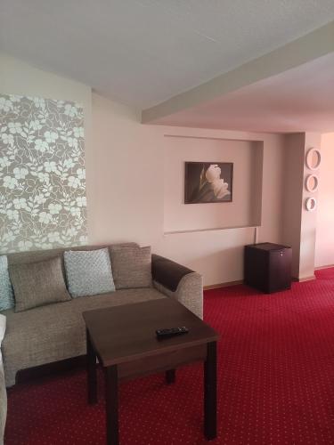 a living room with a couch and a coffee table at Panoramic-Oscar in Mrągowo