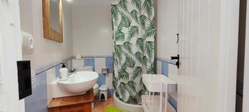 een badkamer met een wastafel en een douchegordijn bij CASA CON JARDÍN A 35 METROS DE LA PLAYA. BR. in Palamós