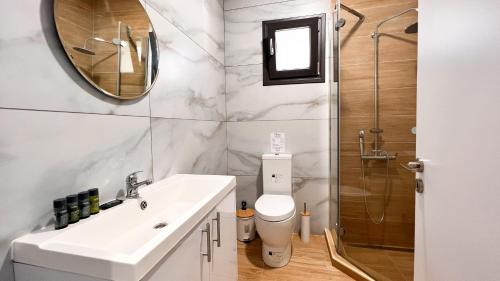 a bathroom with a sink and a toilet and a shower at Phaedrus Living: Luxury Stone House Armou in Paphos