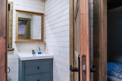 a bathroom with a sink and a mirror at Gombaszög in Gombasek