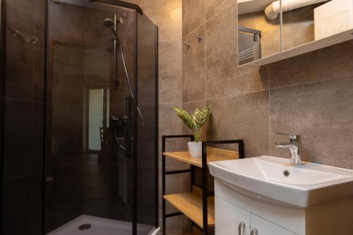 łazienka z prysznicem i umywalką w obiekcie DreamHouse Apartament Baltic Amber Jagiellońska Darłówko Wschodnie w Darłówku