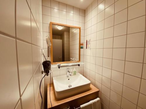 a bathroom with a sink and a mirror at Hotel Hartl's Lindenmühle in Bad Berneck im Fichtelgebirge