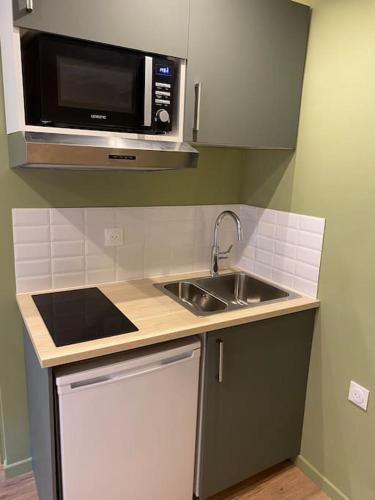 une petite cuisine avec un évier et un micro-ondes dans l'établissement RÉSIDENCE LE SÉNÉOU, à Les Deux Alpes