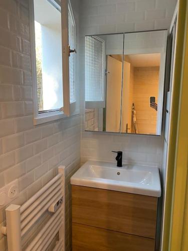 une salle de bain avec un lavabo et un miroir dans l'établissement RÉSIDENCE LE SÉNÉOU, à Les Deux Alpes