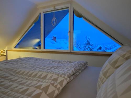 1 dormitorio con cama y ventana grande en Apartment Židana marela - Attic with a View en Kranjska Gora