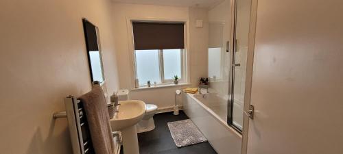 a bathroom with a sink and a toilet and a window at Data House Holiday Apartment in Atherstone