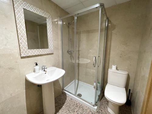 ein Bad mit einer Dusche, einem Waschbecken und einem WC in der Unterkunft AZ El Balcón de San Felipe in Saragossa