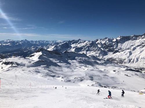 a group of people skiing down a snow covered mountain at Appartamento Mont Fleury in Valtournenche