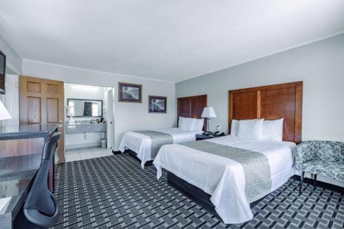 Travelodge by Wyndham Jackson North في جاكسون: غرفة فندقية بسريرين وكرسي
