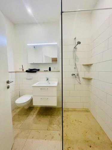 uma casa de banho com um chuveiro, um WC e um lavatório. em Modernes Apartment nahe VW-Halle em Braunschweig