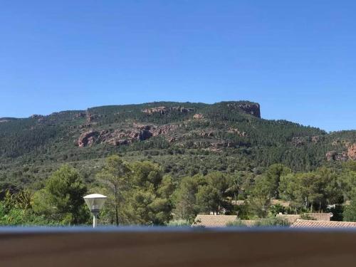a view of a mountain with trees and a street light at Au pied des gorges du blavet et à 20min des plages in Roquebrune-sur-Argens