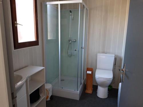 een badkamer met een douche, een toilet en een wastafel bij Ombre d'été in Ruoms