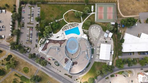 an overhead view of a building in a parking lot at Copernicus Toruń Hotel in Toruń