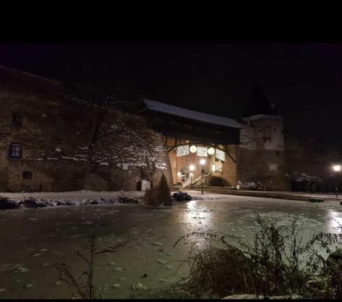 a building at night with snow on the ground at Ferienwohnung Am Geysirzentrum in Andernach