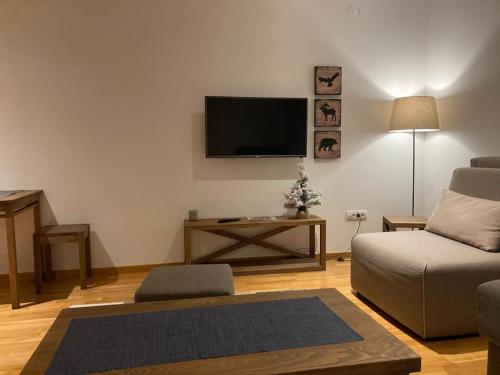 a living room with a couch and a flat screen tv at Apartman Jelka Brzece in Brzeće