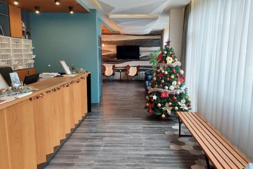 a christmas tree in the middle of a hallway at Apartman Jelka Brzece in Brzeće