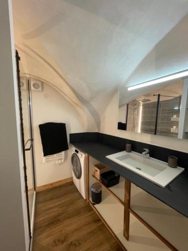 une salle de bain avec un lavabo et une machine à laver dans l'établissement Maison Stabatio Appartement Pierre, au Monêtier-les-Bains