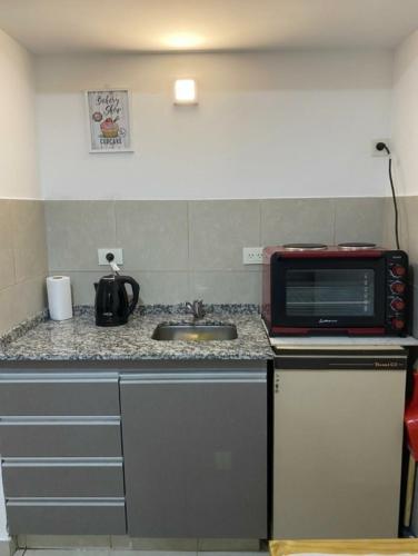 a kitchen counter with a microwave and a sink at Departamento centrico-Vivi Bariloche todo el año in San Carlos de Bariloche