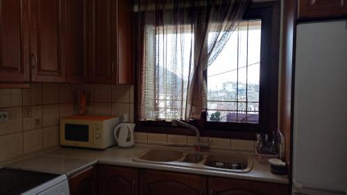 a kitchen with a microwave and a sink and a window at VILLA MALILA in Panagia