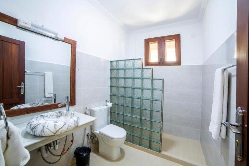 uma casa de banho com um WC, um lavatório e um espelho. em Mahi Mahi Beach Hotel em Jambiani