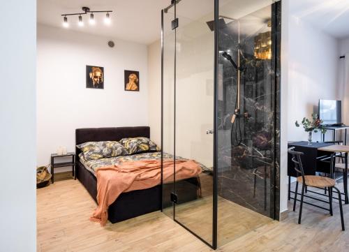 1 dormitorio con ducha de cristal y 1 cama en Wyjątkowy apartament z prysznicem pośrodku na wyjątkowe wieczory NAD JASIENIEM 39 Łódź, en Łódź