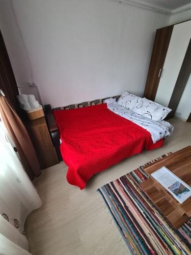 um quarto com um cobertor vermelho numa cama em Vigaro Vgr em Brasov