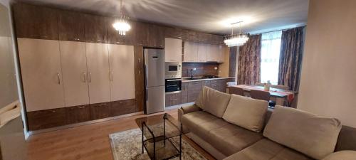 a living room with a couch and a kitchen at Monica City Apartament in Timişoara