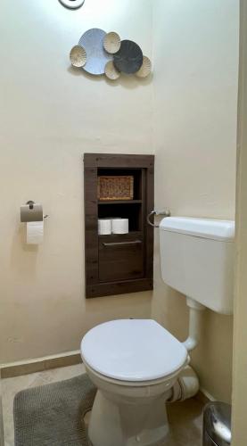 a bathroom with a white toilet in a room at Lola Lakásapartman Nagykanizsa in Nagykanizsa