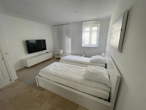 a bedroom with two beds and a flat screen tv at VILLA MAGNYSOLAR Proche Disneyland Paris in Magny-le-Hongre
