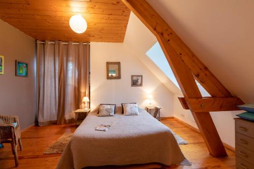 ein Schlafzimmer mit einem großen Bett im Dachgeschoss in der Unterkunft Le Gentil Home Chambres d'Hôtes in Arras-en-Lavedan