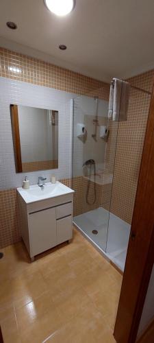 a bathroom with a shower and a sink and a mirror at Casa Tarrazo in Monforte de Lemos