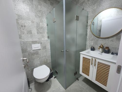 uma casa de banho com um chuveiro, um WC e um espelho. em Garden apartments. em Mas'ada