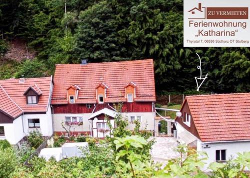 un grupo de casas con techos rojos y árboles en Ferienwohnung Katharina in Stolberg (Harz) en Stolberg i. Harz
