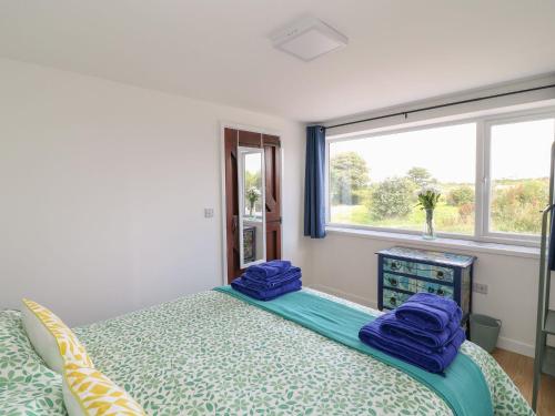 een slaapkamer met een bed met blauwe lakens en een raam bij Bailey Cottage in Truro