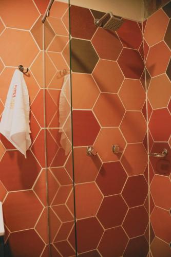 a bathroom with a shower with red tiled walls at Bunde Haus Hotel EXPRESS BOUTIQUE in Ibagué
