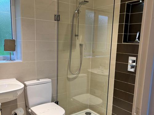 a bathroom with a shower and a toilet and a sink at Linden Lea in Plymouth