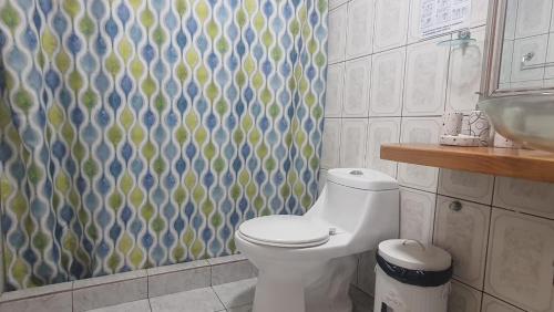 La salle de bains est pourvue de toilettes et d'un lavabo. dans l'établissement Hostal, à Villarrica