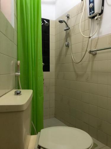 a bathroom with a green shower curtain and a toilet at Breeze of Paradise in Colombo