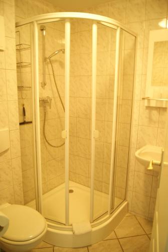 a bathroom with a shower with a toilet and a sink at Pension Waldeck in Göhren