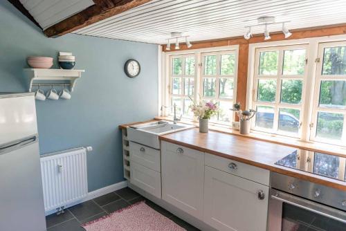 a kitchen with blue walls and a sink and windows at Loft auf Fehmarn 800m zum Strand in Fehmarn