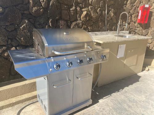 a grill and a sink next to a stone wall at Hawaiian monarch cozy studio in Honolulu