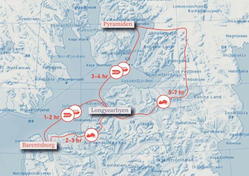 une carte des randonnées dans la nature sauvage dans l'établissement Hotel Barentsburg, à Barentsburg