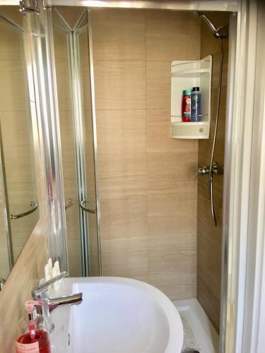 ein Bad mit einer Dusche und einem weißen Waschbecken in der Unterkunft Pembroke Suites in Pembroke