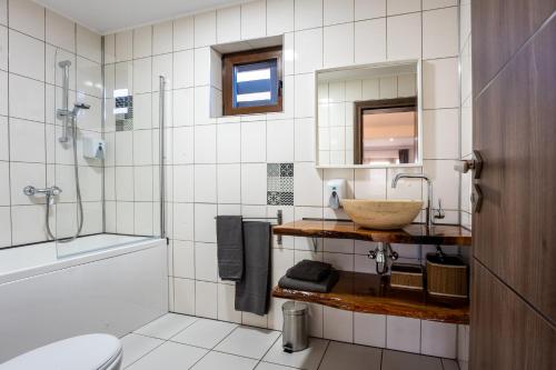 a bathroom with a sink and a toilet and a shower at Vila Veve in Sighişoara