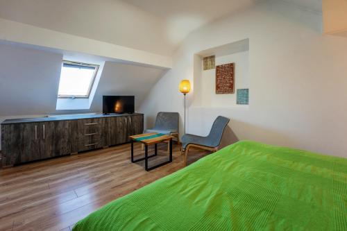 a bedroom with a green bed and a television at Vila Veve in Sighişoara