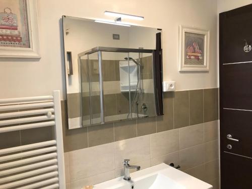 La salle de bains est pourvue d'un lavabo et d'un miroir. dans l'établissement Nella natura a due passi dal mare a casa di Francy, à Numana