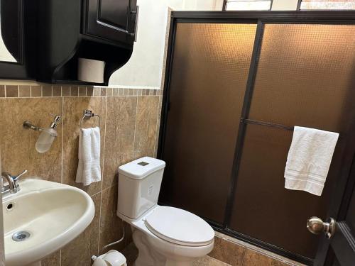 a bathroom with a toilet and a sink and a shower at Apartamento #2 Portal de Occidente in Quetzaltenango