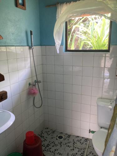 łazienka z toaletą, umywalką i oknem w obiekcie Maison bord de mer w mieście Mangalimaso